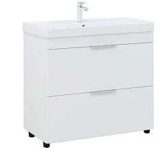 Тумба с раковиной Aquanet Ирис New 90 белый глянец напольная (2 ящика, ручки дополнительно на выбор)