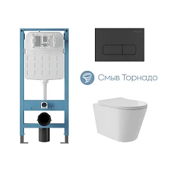 Комплект инсталляции Aqueduto Tecnica Novo с безободковым унитазом Cone Plus Tornado белый глянец, клавиша смыва Forma черная матовая