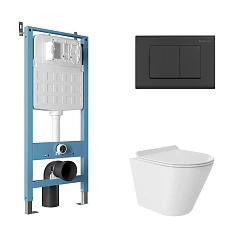 Комплект инсталляции Aqueduto Tecnica Novo с безободковым унитазом Cone Tornado белый глянец, клавиша смыва Quadrado черная матовая