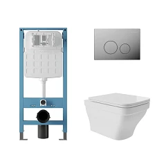 Комплект инсталляции Aqueduto Tecnica Novo с безободковым унитазом Esteta белый глянец, клавиша смыва Circulo глянцевый хром