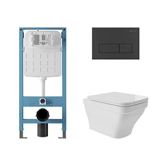 Комплект инсталляции Aqueduto Tecnica Novo с безободковым унитазом Esteta белый глянец, клавиша смыва Retangulo Novo черная матовая