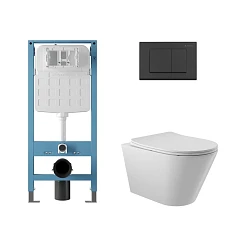 Комплект инсталляции Aqueduto Tecnica Novo с безободковым унитазом Cone белый глянец, клавиша смыва Quadrado черная матовая