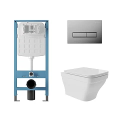 Комплект инсталляции Aqueduto Tecnica Novo с безободковым унитазом Esteta белый глянец, клавиша смыва Retangulo глянцевый хром