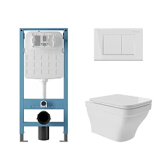 Комплект инсталляции Aqueduto Tecnica Novo с безободковым унитазом Esteta белый глянец, клавиша смыва Quadrado белый глянец