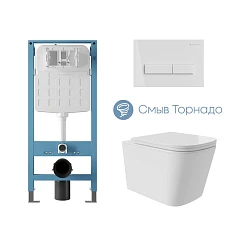 Комплект инсталляции Aqueduto Tecnica Novo с безободковым унитазом Macio Plus Tornado белый глянец, клавиша смыва Retangulo белый глянец