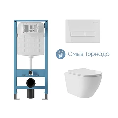 Комплект инсталляции Aqueduto Tecnica Novo с безободковым унитазом Ovo Plus Tornado белый глянец, клавиша смыва Retangulo белый глянец