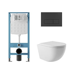 Комплект инсталляции Aqueduto Tecnica Novo с безободковым унитазом Ovo белый глянец, клавиша смыва Retangulo Novo черная матовая