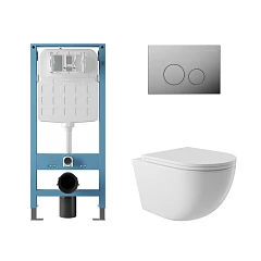 Комплект инсталляции Aqueduto Tecnica Novo с безободковым унитазом Ovo белый глянец, клавиша смыва Circulo глянцевый хром