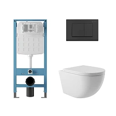 Комплект инсталляции Aqueduto Tecnica Novo с безободковым унитазом Ovo белый глянец, клавиша смыва Quadrado черная матовая