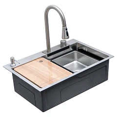 Кухонная мойка Melana ProfLine 68*46 врезная прямоугольная сатин со смесителем, дозатором и коландерами