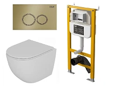 Комплект инсталляции DQ DI8050127 с безободковым унитазом Matrix, клавиша смыва Bayern матовое золото